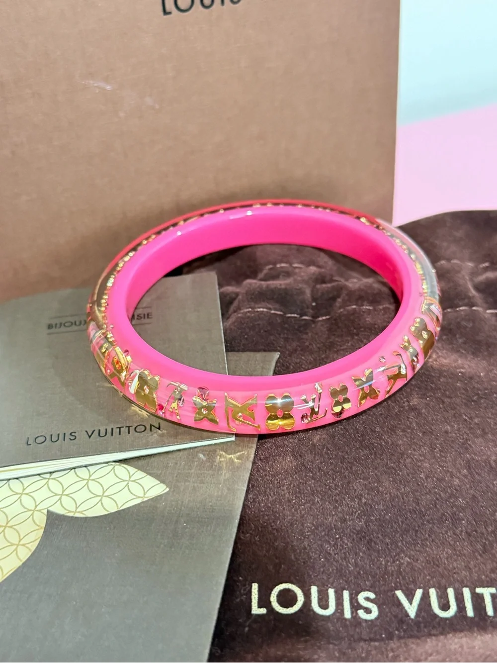 Louis Vuitton Hot Pink Monogram Bangle with Gold Monogram
